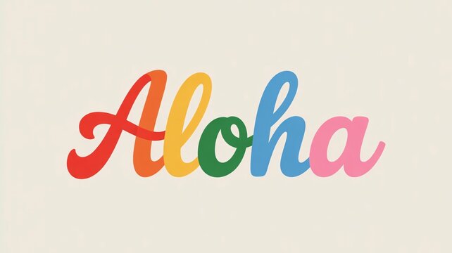 Colorful script lettering displaying the cheerful hawaiian greeting aloha in a vibrant rainbow gradient against a soft cream background for summer vibes