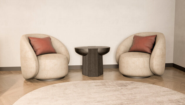 Modern office lounge with sofa chair and round side table 3d render