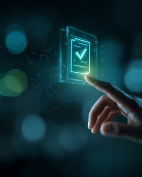 Human finger pressing a glowing compliance document icon with a checkmark on a digital interface, representing policy compliance and approval.