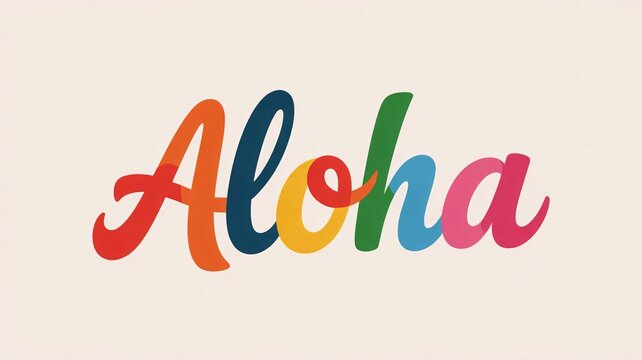 Vibrant retro calligraphy displaying the cheerful word aloha in overlapping primary and secondary colors against a soft cream background design