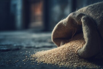 Spilled Rice Grains Overflowing From a Sack, Stock Image