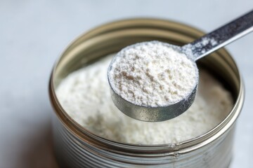 Stainless steel measuring scoop lifting white powder from a container