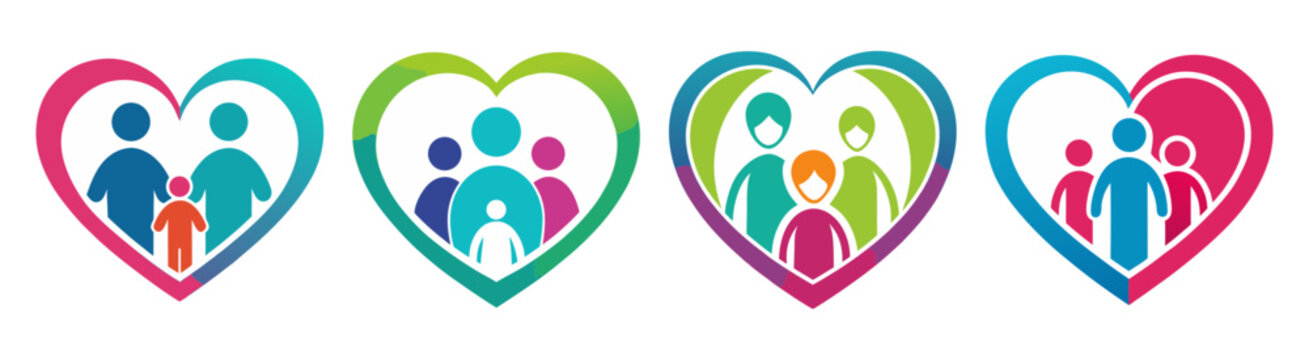Heart family symbol colorful abstract figures diverse people unity love
