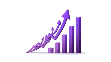 A rising arrow line chart over ascending bar graph symbolizing financial improvement and success. isolated on transparent background