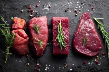 Fresh raw beef with herbs, garlic and spices on black background, concept of carnivore diet, traditional cuisine, natural protein, meat is back