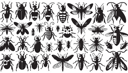 black color insect set silhouette vector illustration, solid white background