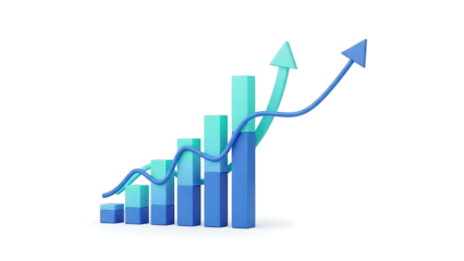 A 3d render of an upward trending bar chart illustrating positive business growth isolated on transparent background