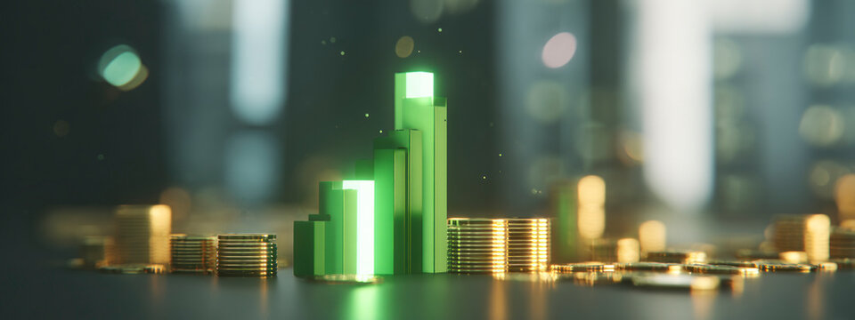 Abstract 3D bars with soft green glow and golden coins, representing business finance, wealth, and sustainable economic growth concept. banner  - Powered by Adobe
