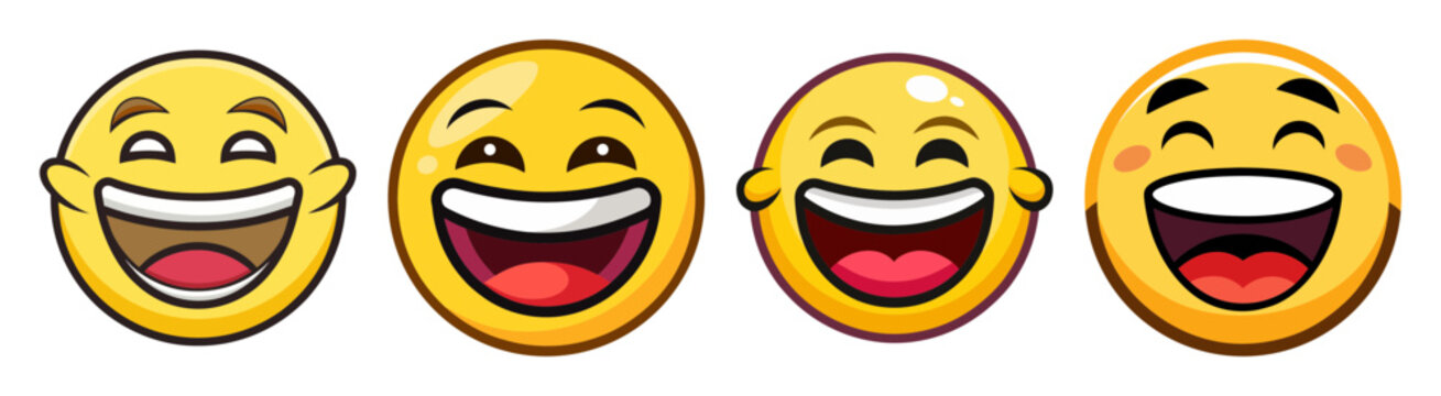 Four cheerful yellow faces showing extreme laughter and joy