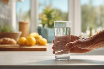 Human hand holds a glass of drinking water in a kitchen setting