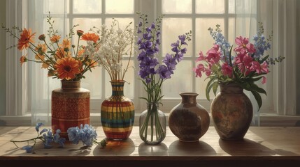 Vibrant bouquets in decorative vases by a sunlit window
