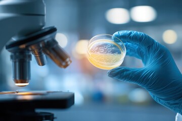 Laboratory technician with nitrile glove holding petri dish near microscope 