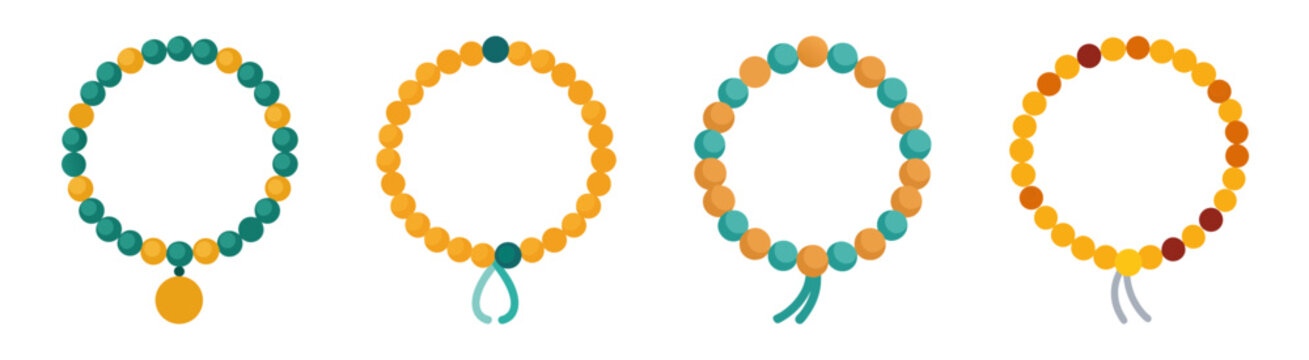 Four prayer beads bracelets with tassels in vibrant colors