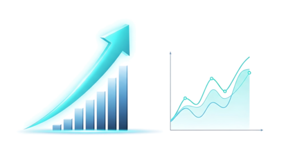 Upward trending bar chart and line graph illustrating business progress and profits isolated on transparent background