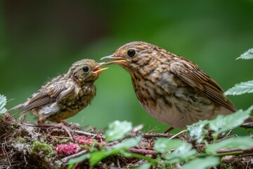 Parent Bird Feeding a Newborn Chick in Nature Scene