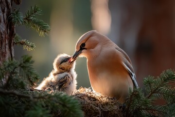 Parent Bird Feeding a Newborn Chick in Tree Nest, Stock Image