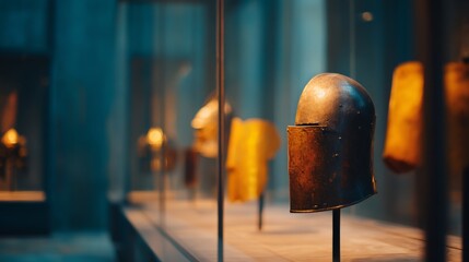 Ancient helmets displayed in a museum showcase.