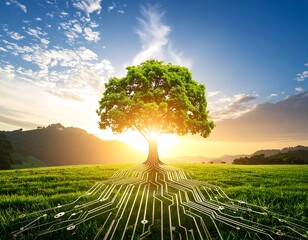 Tree in a field has roots like circuits. A golden sunset and sky with fluffy clouds complete this natural scenery