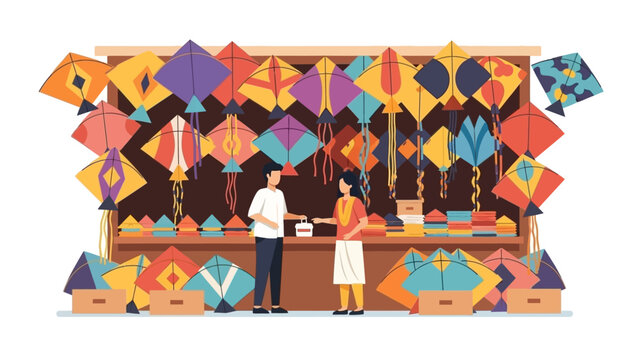 A charming flat design illustration featuring a colorful Indian kite shop or vendor stall, showcasing a vibrant array of traditional and modern kites. 