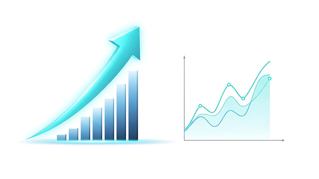 Upward trending bar chart and line graph illustrating business progress and profits isolated on transparent background - Powered by Adobe