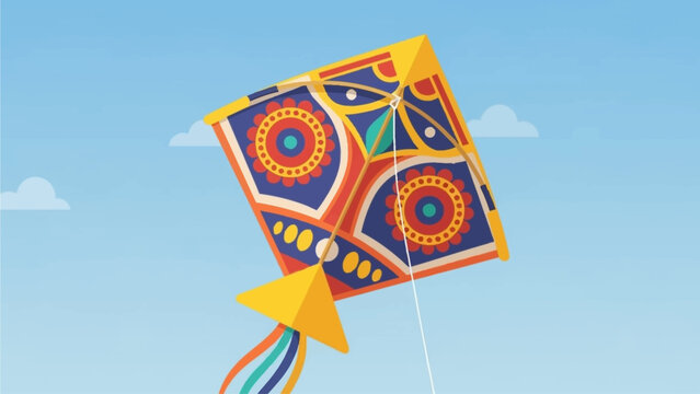 A detailed flat design illustration showcasing a single, intricately designed traditional Indian kite, featuring vibrant colors and cultural motifs, flying gracefully against a clear sky. 
