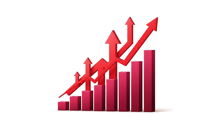 A 3d render of red bar chart with multiple upward arrows showing business growth and financial success isolated on transparent background