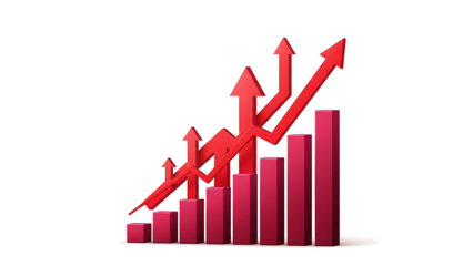 A 3d render of red bar chart with multiple upward arrows showing business growth and financial success isolated on transparent background