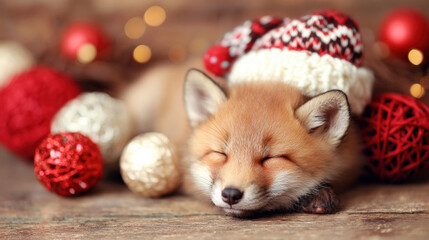 Cute fox sleeping among Christmas decorations on a wooden table