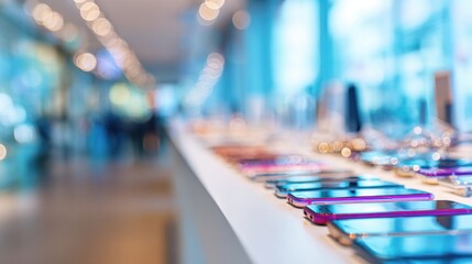 Showroom displays of smartphones on a table at a technology store