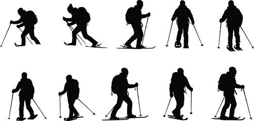 Snowshoeing, trekking, silhouette, posture, gesture, pole, backpack, winter, hiking, setup, vector, black, pose, flavector, minimal, outdoor, sport, motion, gear, activity, expedition