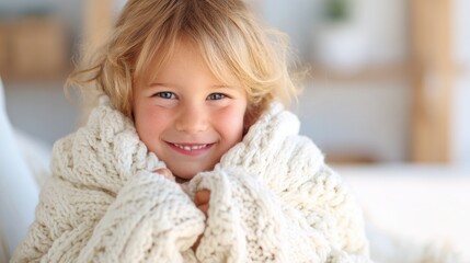 Child wraps in cozy blanket while smiling at home on a sunny day