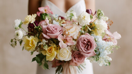 A stunning wedding bouquet featuring mauve and soft pastel flowers, perfect for a romantic occasion Generative AI