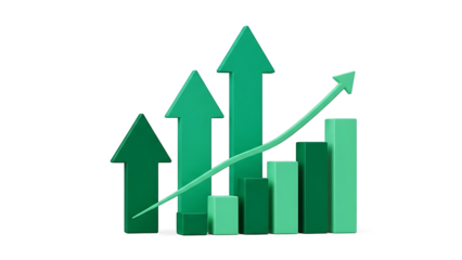 A dynamic 3d illustration of a green bar graph and upward arrows symbolizing significant growth isolated on transparent background