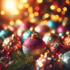 selective focus baubles in holiday glow