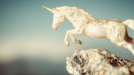 Fototapeta premium Unicorn figure jumping over a rock with a clear background