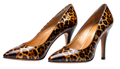 Two high-heeled shoes, featuring a glossy leopard print design, stand against a black background