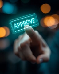 Human finger pressing a glowing approve button on a digital interface, symbolizing confirmation and decision approval.