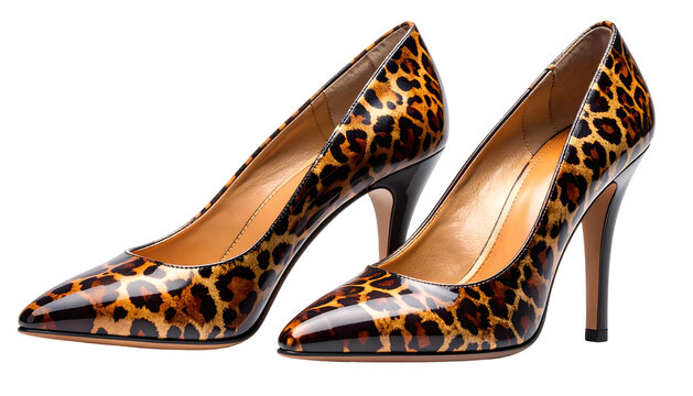 Two high-heeled shoes, featuring a glossy leopard print design, stand against a black background - Powered by Adobe