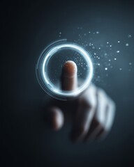 Human finger interacting with a glowing circular progress ring on a digital interface, symbolizing task completion and performance tracking.