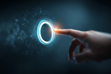 Human finger interacting with a glowing circular progress ring on a digital interface, symbolizing task completion and performance tracking.