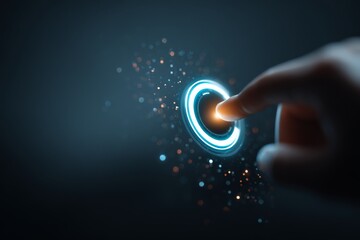 Human finger interacting with a glowing circular progress ring on a digital interface, symbolizing task completion and performance tracking.