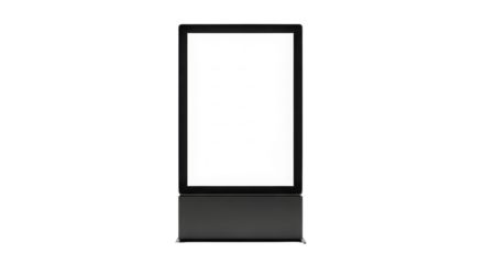 A sleek black digital display screen with a blank white surface on transparent background