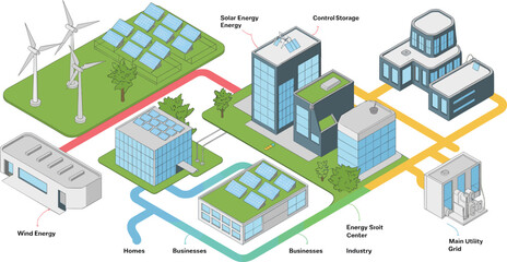 Obraz premium Isometric sustainable energy system illustration, solar wind power generation, smart grid storage distribution, renewable electricity infrastructure, clean energy concept