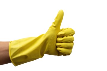 Yellow rubber glove thumbs up gesture for cleaning and hygiene
