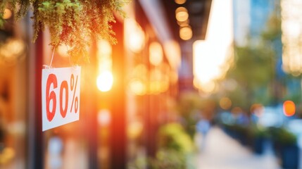 Discount sign hanging outside store during warm sunset hour