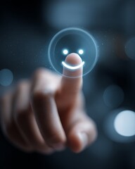 Human finger pressing a glowing happy emotion icon on a digital interface, representing positive user feedback and satisfaction.