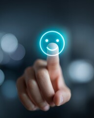 Human finger pressing a glowing happy emotion icon on a digital interface, representing positive user feedback and satisfaction.