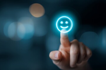 Human finger pressing a glowing happy emotion icon on a digital interface, representing positive user feedback and satisfaction.