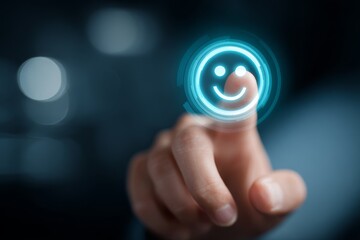 Human finger pressing a glowing happy emotion icon on a digital interface, representing positive user feedback and satisfaction.