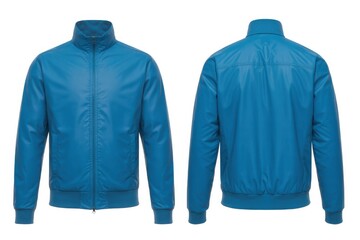 Blue bomber jacket front and back view isolated on white background